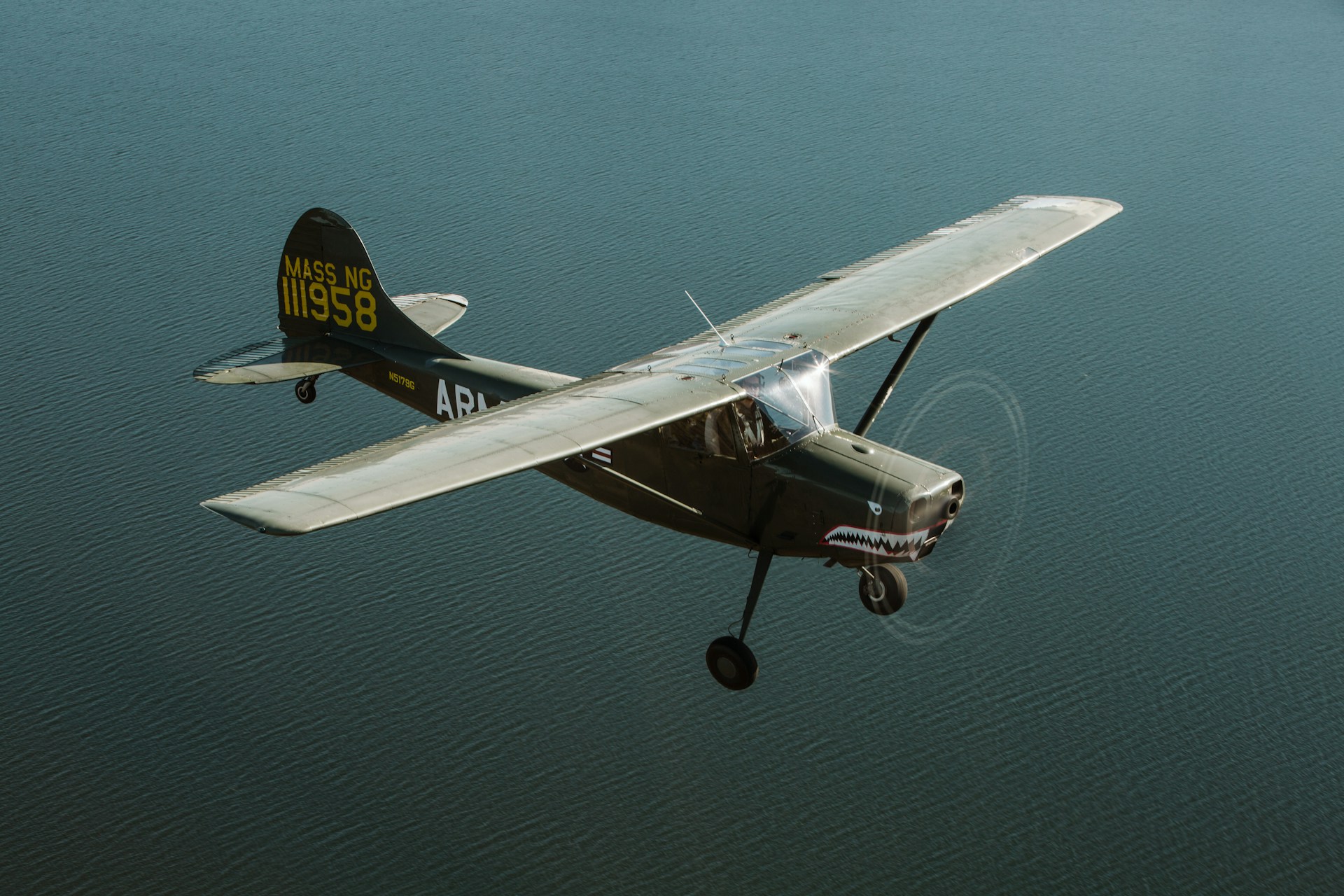 Charleston Aviation History A vintage military airplane with shark teeth design flying over water.